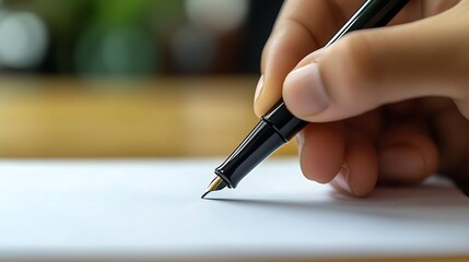 Closeup of Hand Writing with Black Fountain Pen on White Paper Surface