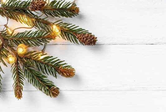 Holiday cheer Fir sprig with tiny pine cones intertwined with string lights, laying diagonally on a white, textured wooden plank surface - Powered by Adobe
