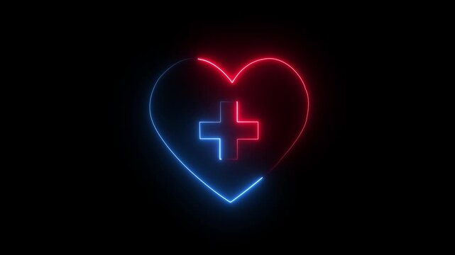 Neon Heart with Medical Cross, Glowing Medical Symbol with Heart .glowing neon love + icon with blue and rad line animation on a black background.4K