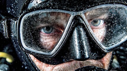 A person stares intensely through a water droplet covered diving mask, highlighting their blue eyes and serious expression