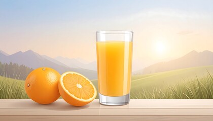 Glass of orange juice with oranges on a wooden table, beautiful landscape in the background