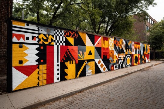 Street Art Mural with Bold Geometric Shapes on a Brick Wall along a Cobblestone Road