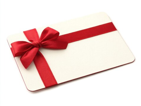 Cream-colored gift card with red ribbon bow tied diagonally across, isolated on white. Festive and elegant