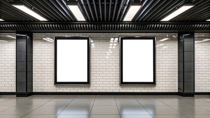 Blank advertising posters on subway wall mockup with white frames

