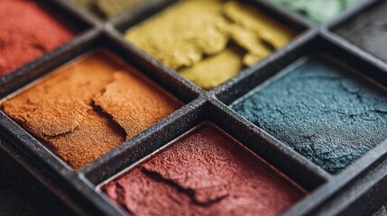 Macro close-up of square compartments filled with colorful powdery substances. Depth of field