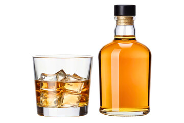 Glass of whiskey with ice cubes and a bottle on the side isolated with transparent background