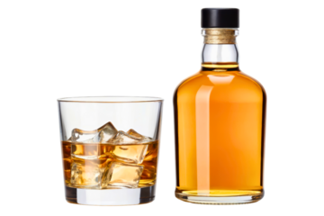 Glass of whiskey with ice cubes and a bottle on the side isolated with transparent background