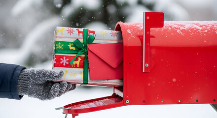 A gloved hand places wrapped Christmas gifts and cards into a red mailbox on a snowy day.