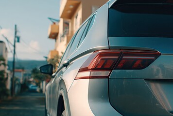 Silver SUV tail light close-up on a sunny suburban street, with yellow buildings and a hint of distant hills in the background