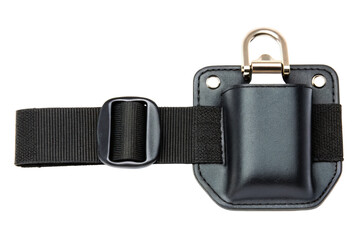 Black leather tool holder with a metal ring and nylon belt isolated with transparent background