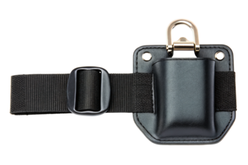 Black leather tool holder with a metal ring and nylon belt isolated with transparent background
