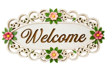 Vintage decorative welcome sign with floral embellishments isolated with transparent background