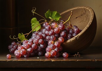 A still life composition showcases a wooden bowl overflowing with plump, deep red grapes, illuminated by a warm light source.