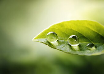 Dewy leaf tip three clear water droplets cling to a bright green leaf tip against a soft-focus background of lush greens, sunlit