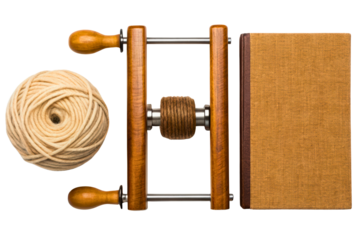 Vintage bookbinding tools including a press and twine isolated with transparent background