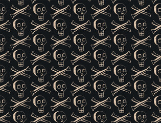 Seamless vector pattern with beige skulls and bones on black background halloween gothic design projects