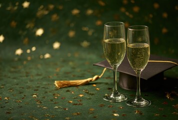 Graduation celebration champagne flutes, mortarboard, golden stars against dark green, festive backdrop