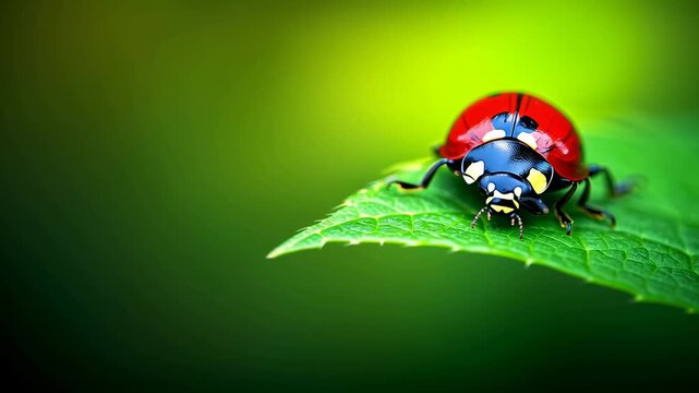 Ladybug's Serene Perch: A vibrant red ladybug with distinctive black spots rests gracefully on a fresh, green leaf, evoking a sense of calm amidst nature's serenity.
