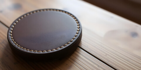 Round leather coaster on rustic wooden table close-up