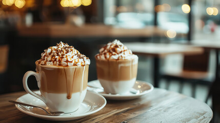 Two lattes with whipped cream and caramel drizzle on a wooden table in a dimly lit coffee shop.