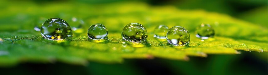 A vibrant green leaf adorned with dewdrops catches the light, creating tiny mirrored spheres reflecting the surrounding greenery in sharp clarity