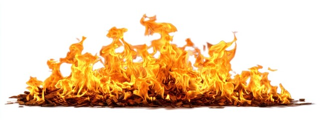 Vivid flames erupt upwards from a woodpile base, radiating heat and light against a stark white backdrop