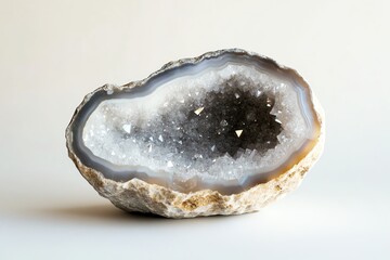 Close-up of an open geode displaying sparkling crystals inside against a neutral background.