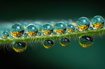 Macro captures dewdrops on a delicate, hairy stem, reflecting an inverted scene of blue sky and yellow field against a blurred green background