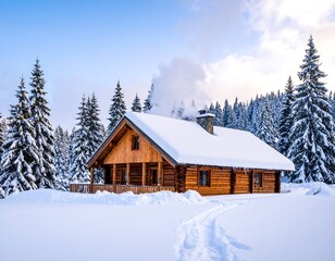 Snowy log cabin nestled in a winter forest