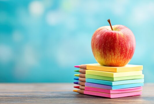 Red apple sits atop a stack of pastel sticky notes balanced on a row of colored pencils against a bokeh blue backdrop on a wooden table