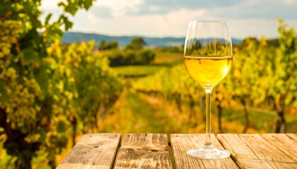 Glass of wine on wooden table, vineyard background