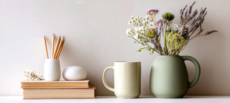 Still life with stacked books, pencils in a white vase, a mug, and a green vase of dried flowers against a creamy white wall - Powered by Adobe