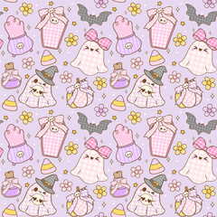 Cute Coquette Halloween Seamless Pattern Gingham Spooky Ghost Witch Wallpaper 
printable