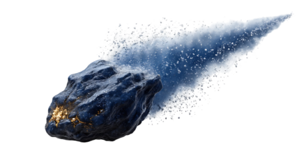 Stunning asteroid with golden deposits streaks through space, perfect for cosmic fantasy and adventurous themes