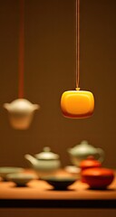 Ornate yellow pendant hanging above blurred ceramic teapots.