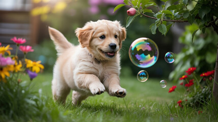 Playful golden retriever puppy running through flowers after bubbles