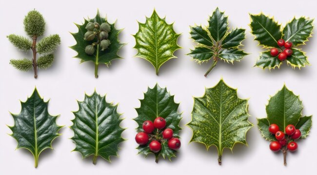 An array of ten botanical specimens, showing varied leaf textures and berry clusters, neatly arranged against a clean, light backdrop
