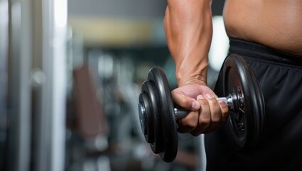 Muscular Man Lifting Dumbbell in Gym Workout Training