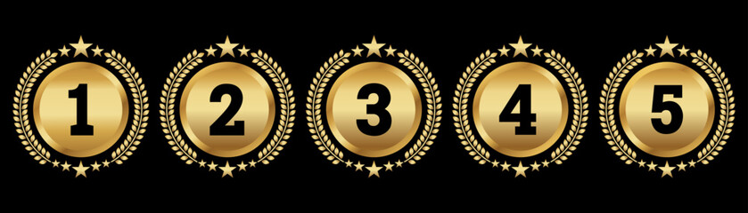 Set of Golden Number Award on Podium Stage. Number Ranking 1 2 3 4 5. Vector Illustration Isolated on White Background. Award, podium ,trophy, badge, emblem, label, vector.