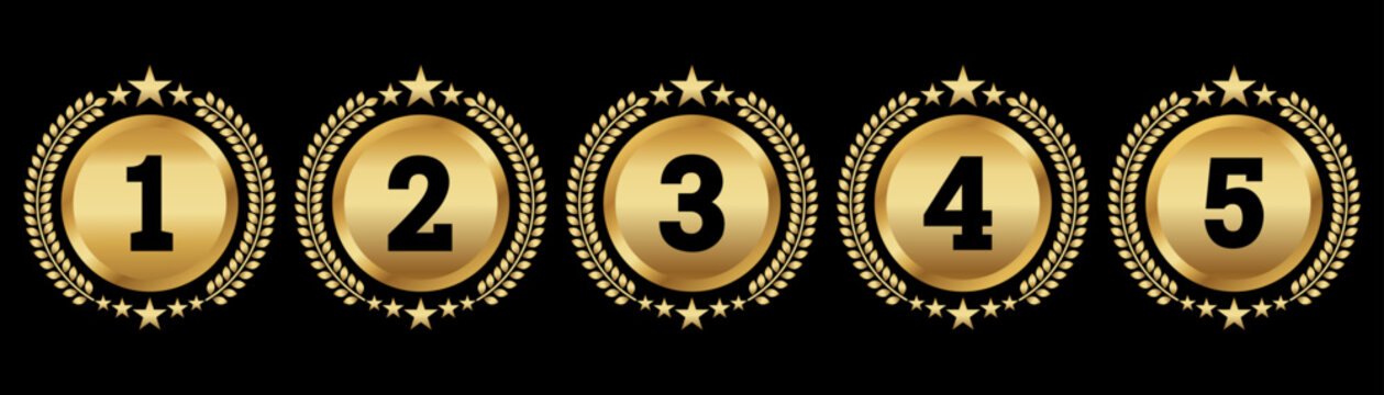 Set of Golden Number Award on Podium Stage. Number Ranking 1 2 3 4 5. Vector Illustration Isolated on White Background. Award, podium ,trophy, badge, emblem, label, vector.