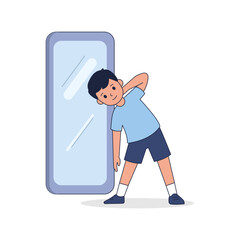 Boy in blue shirt stretching next to a tall mirror cartoon style.