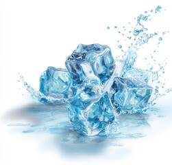 Fototapeta premium Clear ice cubes clustered, with water splashing around them on a white background, creating a refreshing, cool visual
