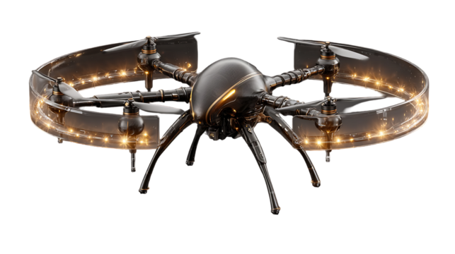 Futuristic black drone with glowing lights, promising advanced technology and cutting edge innovation