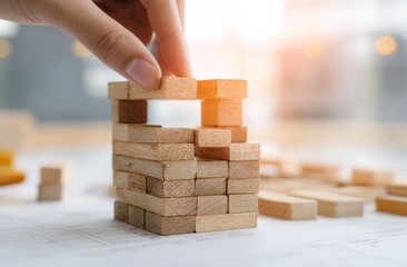 Hand carefully places a wooden block onto a tower in progress, showing construction on a blueprint-like surface