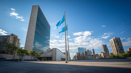 United Nations Headquarters with Blue Flag on UN Day
