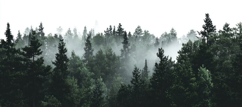 Forested hills, trees of varying greens rise to meet a misty white sky, trees in foreground are darker, trees in the background foggy - Powered by Adobe