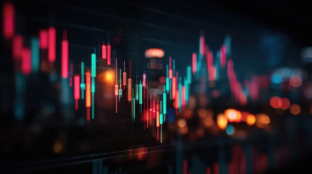 Glowing Red and Cyan Candlestick Chart on a Dark Screen with Bokeh Lights