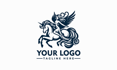 Illustration of a winged woman riding a unicorn, stylized for logo design.