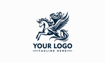 A stylized logo featuring a winged horse with a woman rider, in a vintage design.