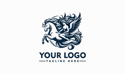 Fototapeta premium A stylized logo featuring a winged horse (Pegasus) with a female figure riding it, surrounded by flowing mane and tail.